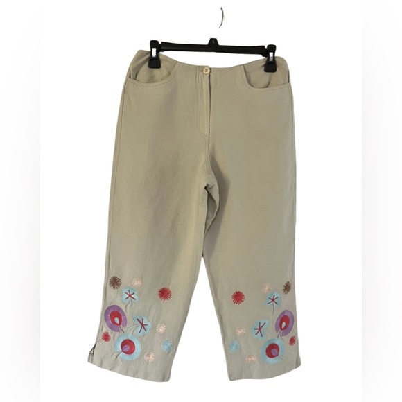 Larry Levine SPT Linen Blend Boho Tropical Floral Embroidered Capri Pants - Picture 1 of 9